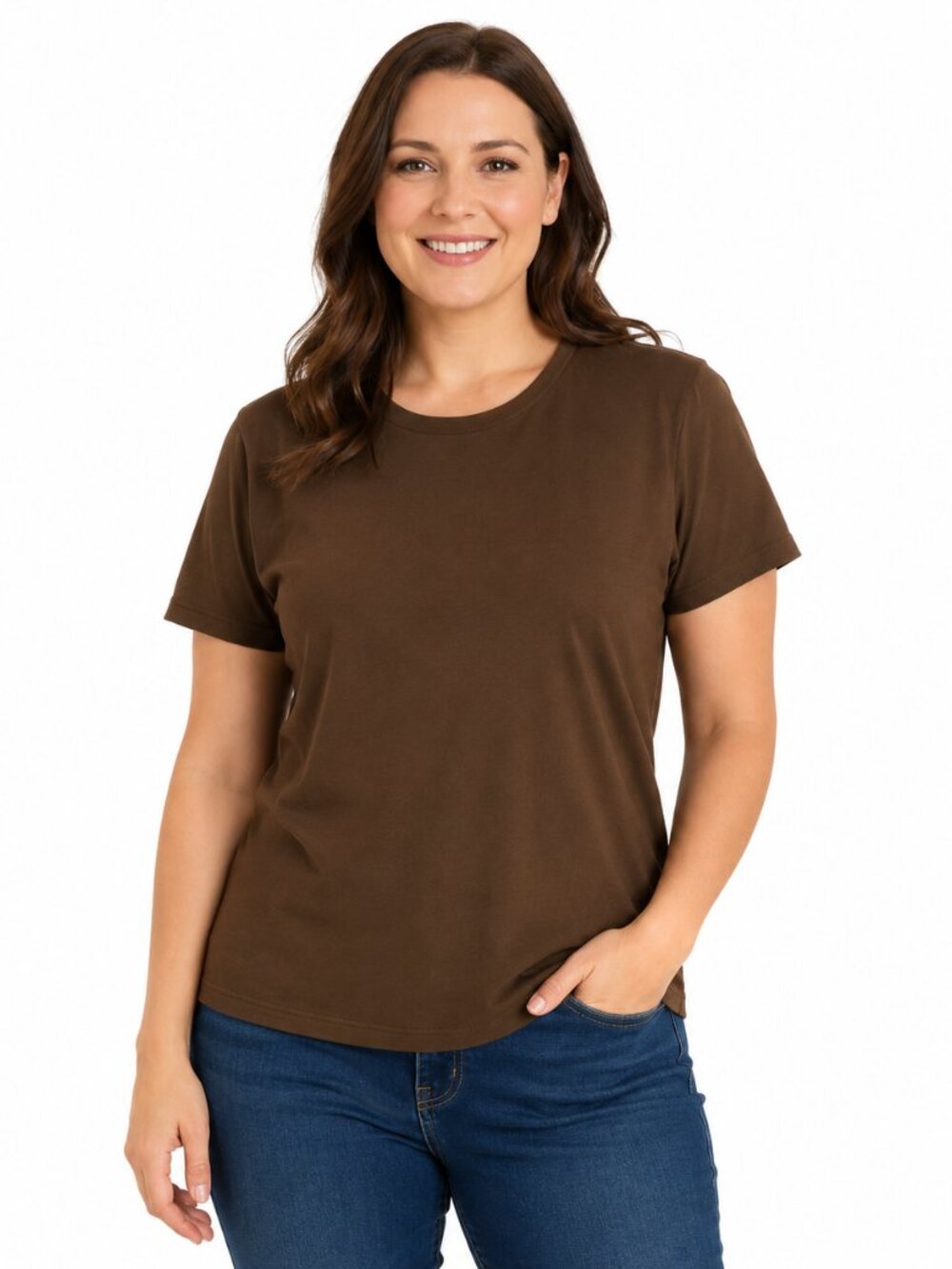 Time & Tru Women's Chocolate Brown Lined Crew Neck Short Sleeve Blouse